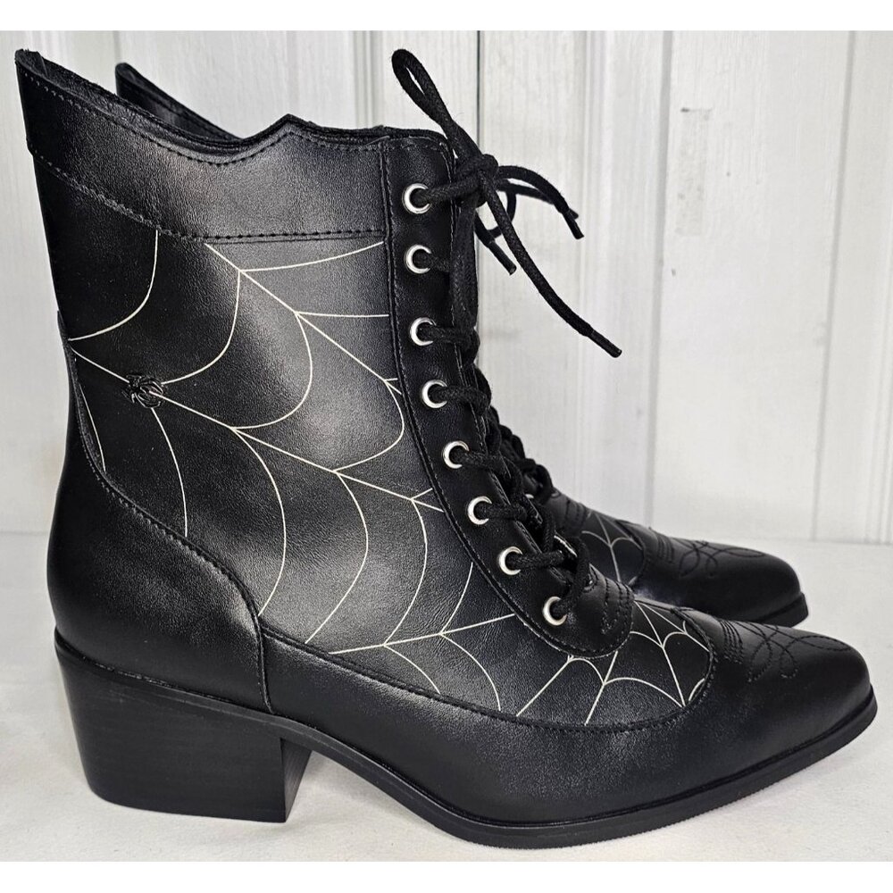 Black Victorian 8-Eye Spiderweb Pointed Anarchic Heel Boots Witch Spider Booties - Picture 9 of 11
